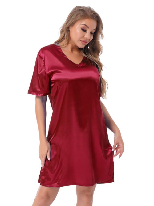 Silk satin sexy Maroon short sleepwear - Image 2
