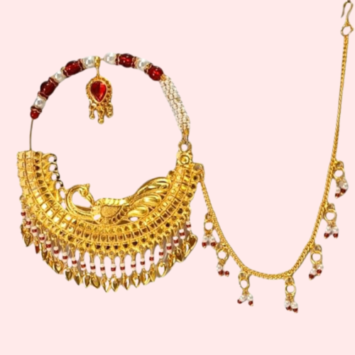 Regal Gold-Plated Bridal Nath with Elegant Chain - Image 2