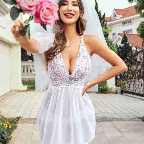 Bridal White Lace & Sheer Babydoll Nightwear - Image 3