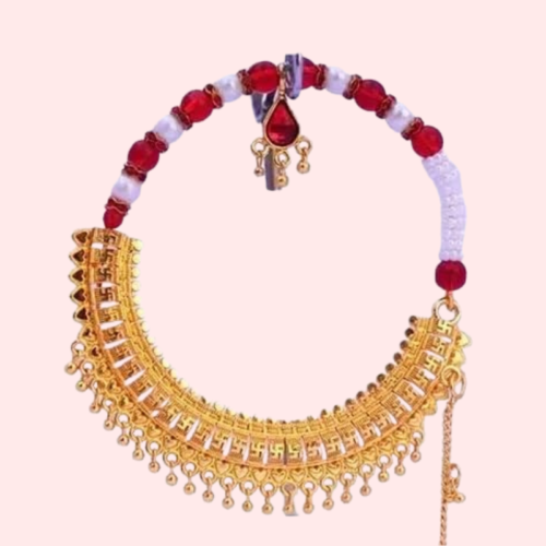 Regal Gold-Plated Bridal Nath with Elegant Chain - Image 4