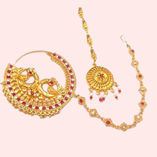 Garhwali Gold Plated Bridal Nose Ring with Chain - Image 2