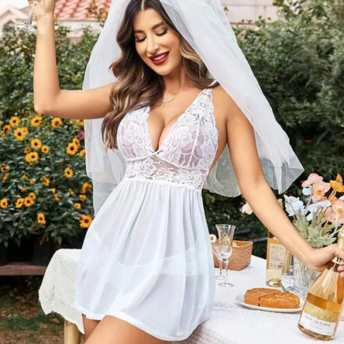 Bridal White Lace & Sheer Babydoll Nightwear - Image 4