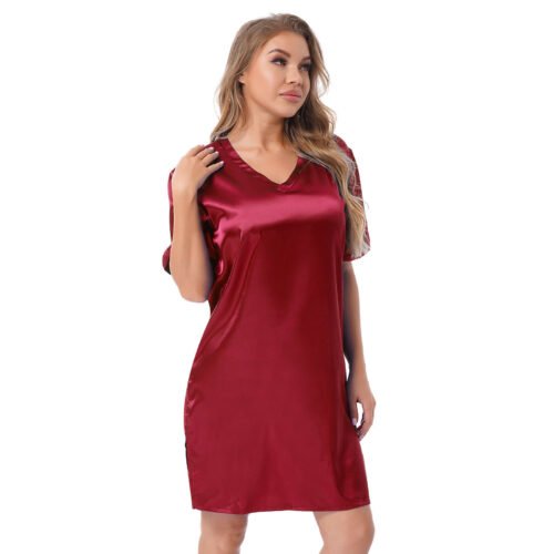 Silk satin sexy Maroon short sleepwear - Image 3