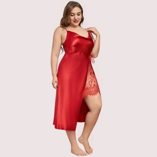 Plus Size Lace Trim Sleep Dress with Cowl Neck - Image 2