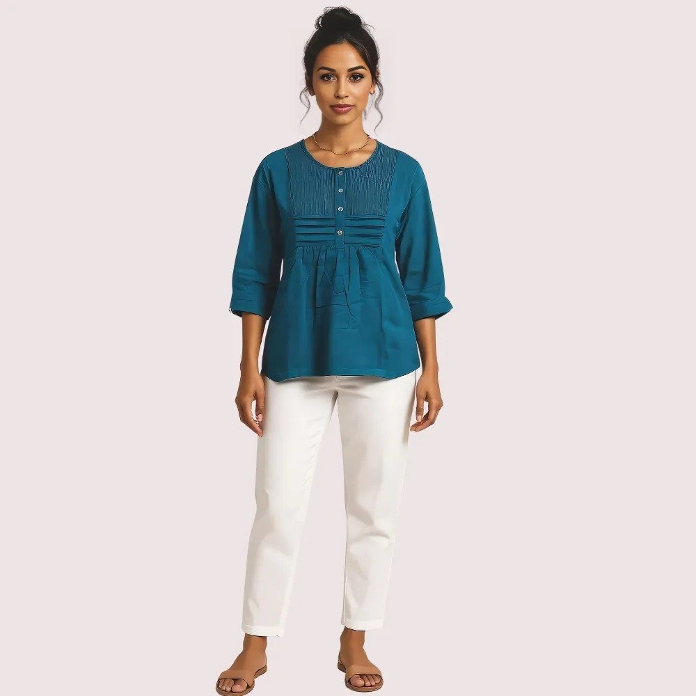 Teal Pintuck Detail Cotton Tunic Top 1 Teal Pintuck Detail Cotton Tunic Top