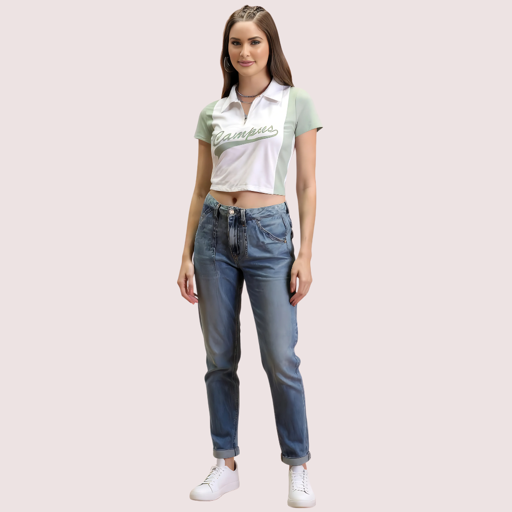 Women's Mint Green "Campus" Polo Crop Top – Casual Sporty Tee 1 Women's Mint Green "Campus" Polo Crop Top – Casual Sporty Tee