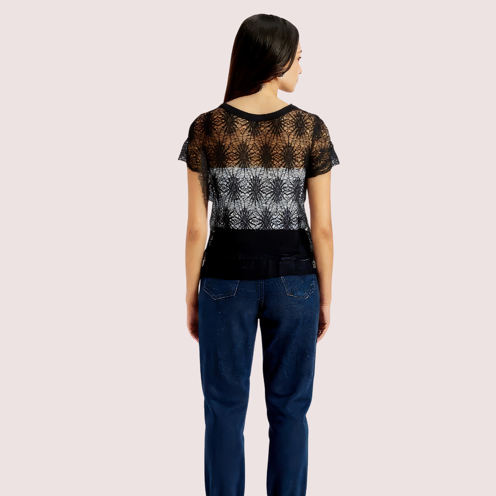 Stylish Black Sheer Floral Lace Top for Women 2 Stylish Black Sheer Floral Lace Top for Women - Image 2