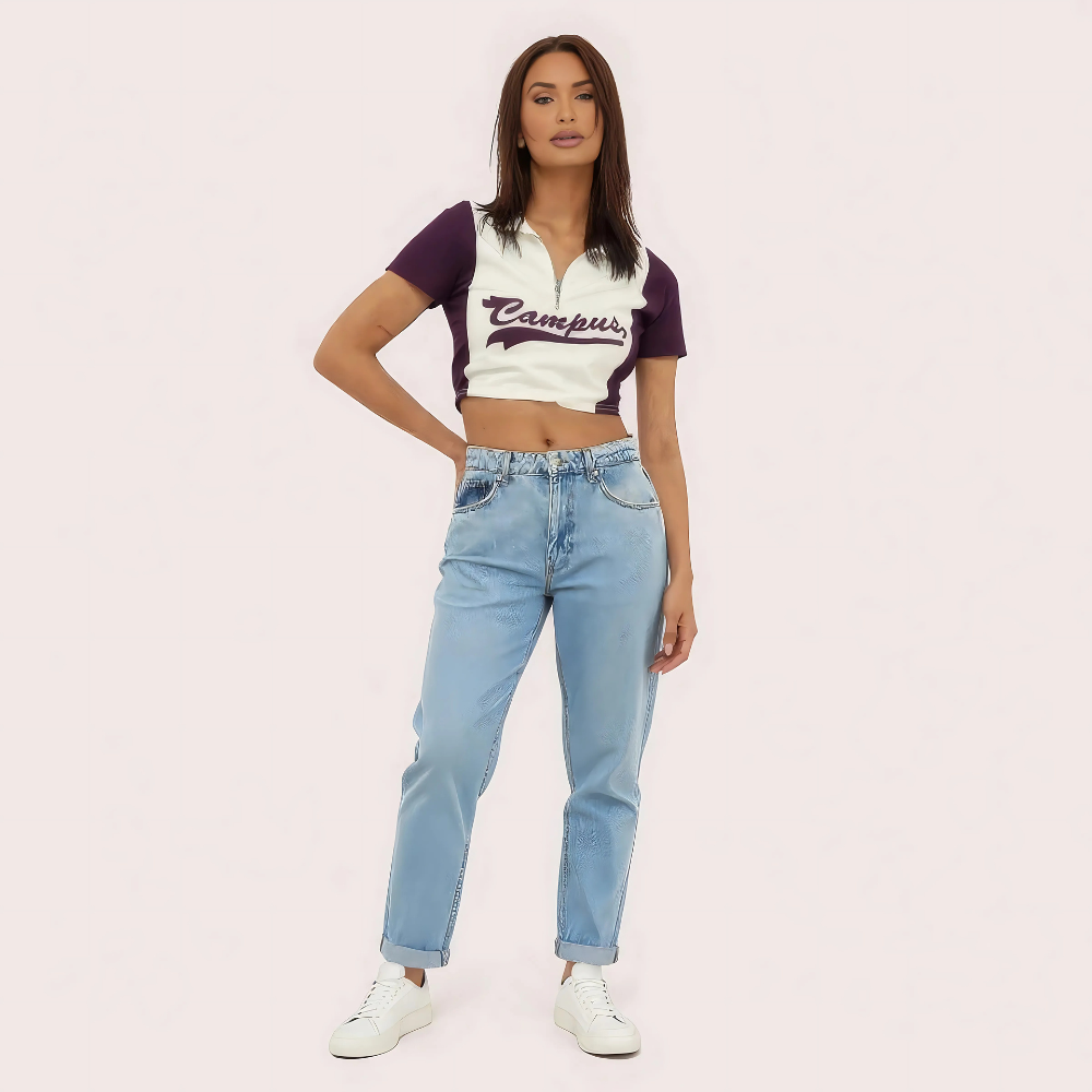 Women's Purple "Campus" Zip Polo Crop Top – Collegiate-Inspired Style 1 Women's Purple "Campus" Zip Polo Crop Top – Collegiate-Inspired Style