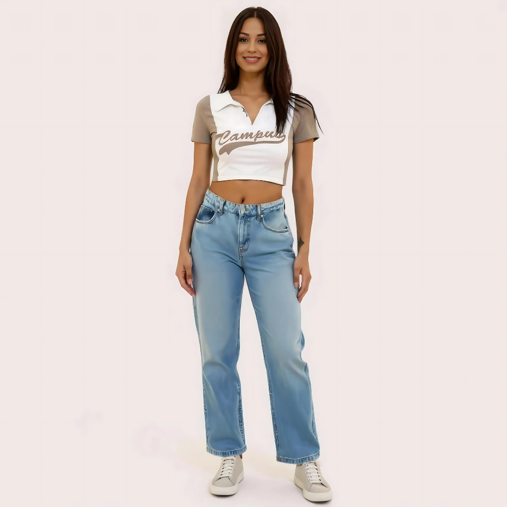 Women's "Campus" Polo Crop Top – Casual Varsity Style Tee 1 Women's "Campus" Polo Crop Top – Casual Varsity Style Tee
