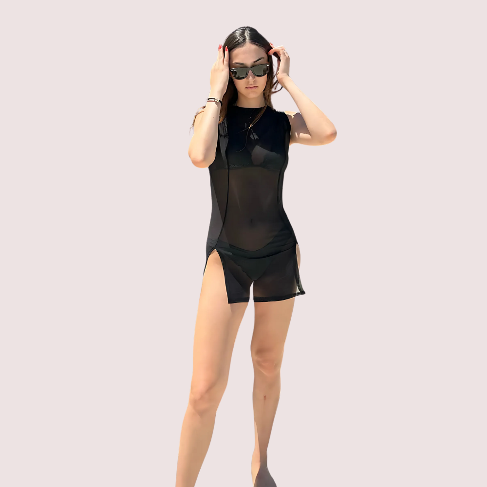 Maison Allure Sheer Black Mini Dress with Dual Open Slits 1 Maison Allure Sheer Black Mini Dress with Dual Open Slits