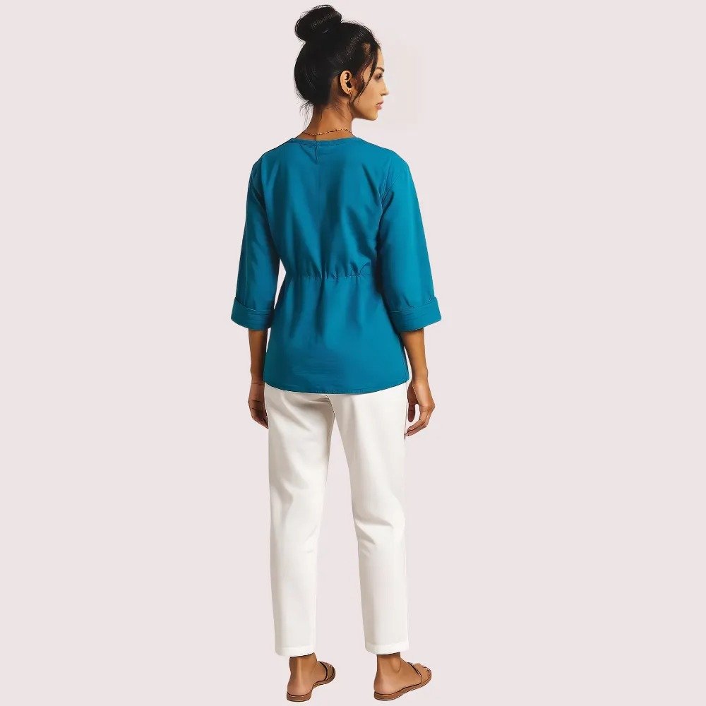 Teal Pintuck Detail Cotton Tunic Top 2 Teal Pintuck Detail Cotton Tunic Top - Image 2