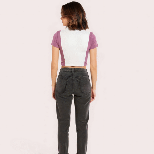 "Campus Vibes" Colorblock Zip Crop Top – Lilac & White - Image 2