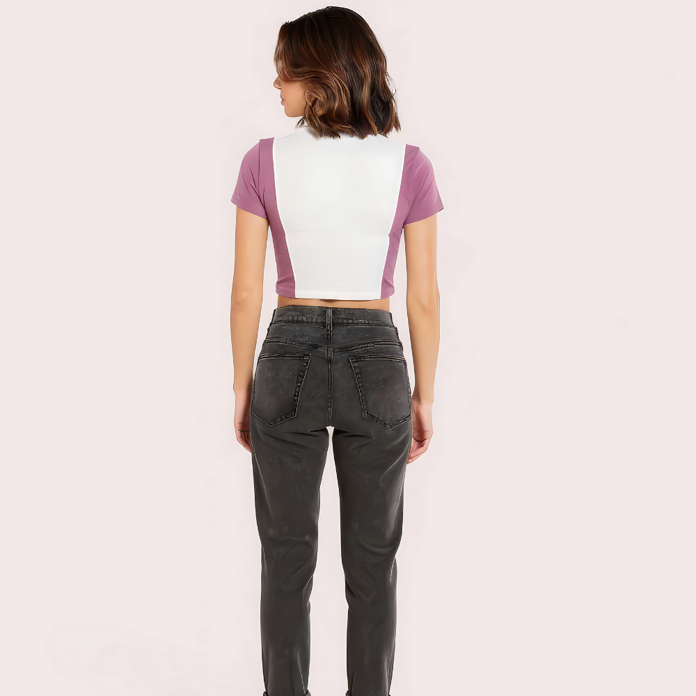 "Campus Vibes" Colorblock Zip Crop Top – Lilac & White 2 "Campus Vibes" Colorblock Zip Crop Top – Lilac & White - Image 2