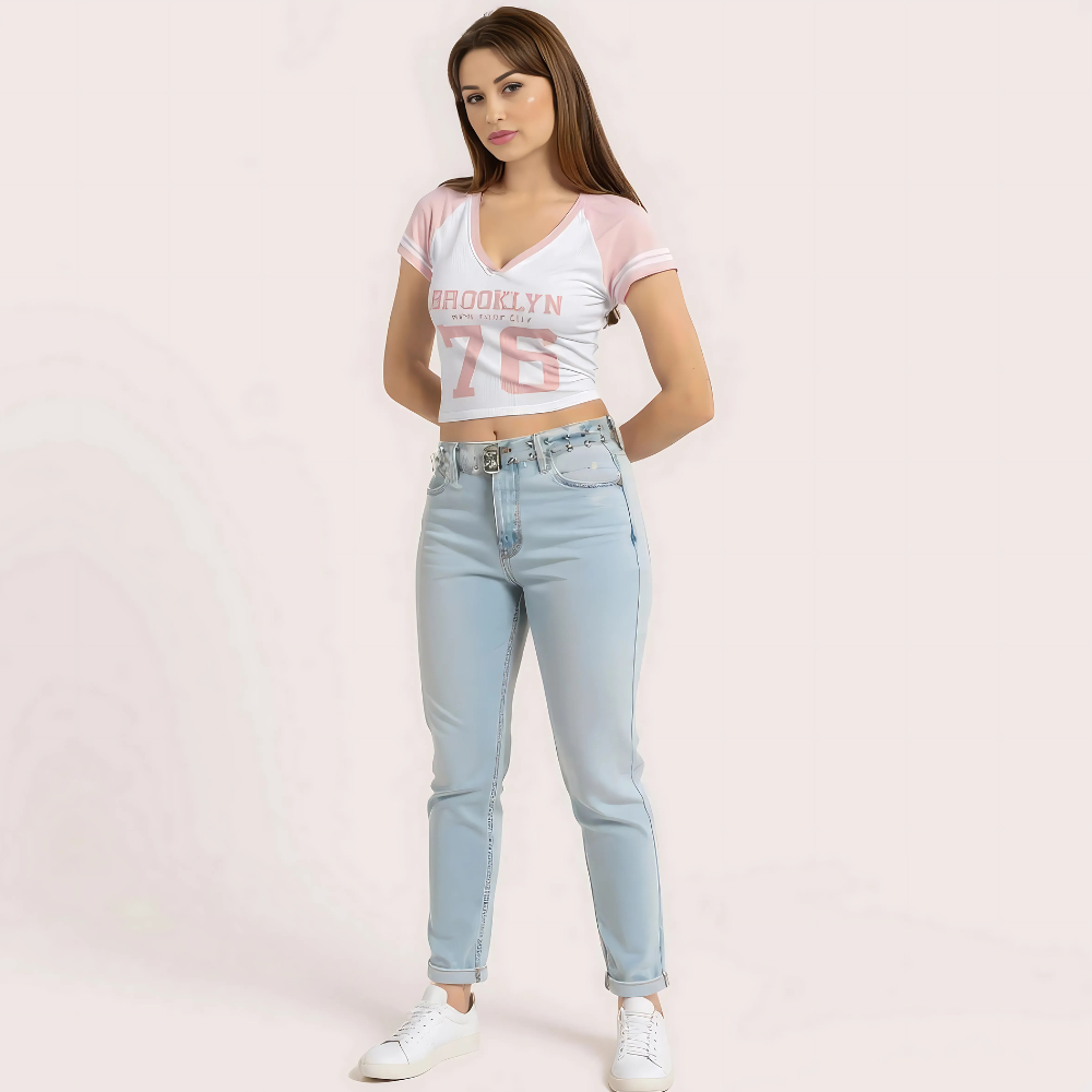 Women's Pink "Brooklyn 76" V-Neck Crop Top – Sporty Graphic Tee 1 Women's Pink "Brooklyn 76" V-Neck Crop Top – Sporty Graphic Tee
