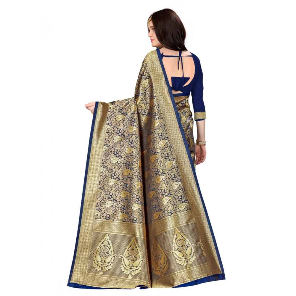 Women's Banarasi silk Saree with Blouse (Navy blue, 5-6mtr) - Image 3