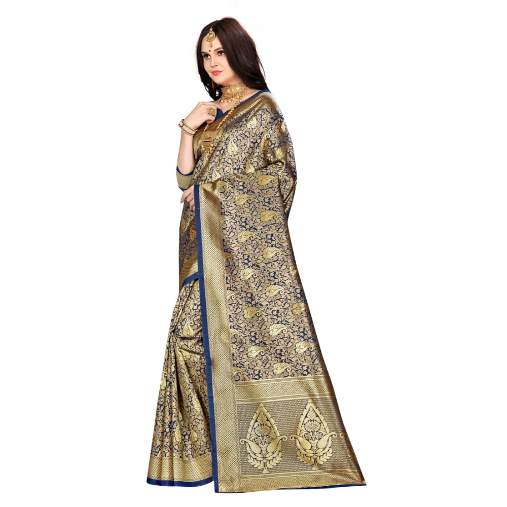 Women's Banarasi silk Saree with Blouse (Navy blue, 5-6mtr) - Image 2
