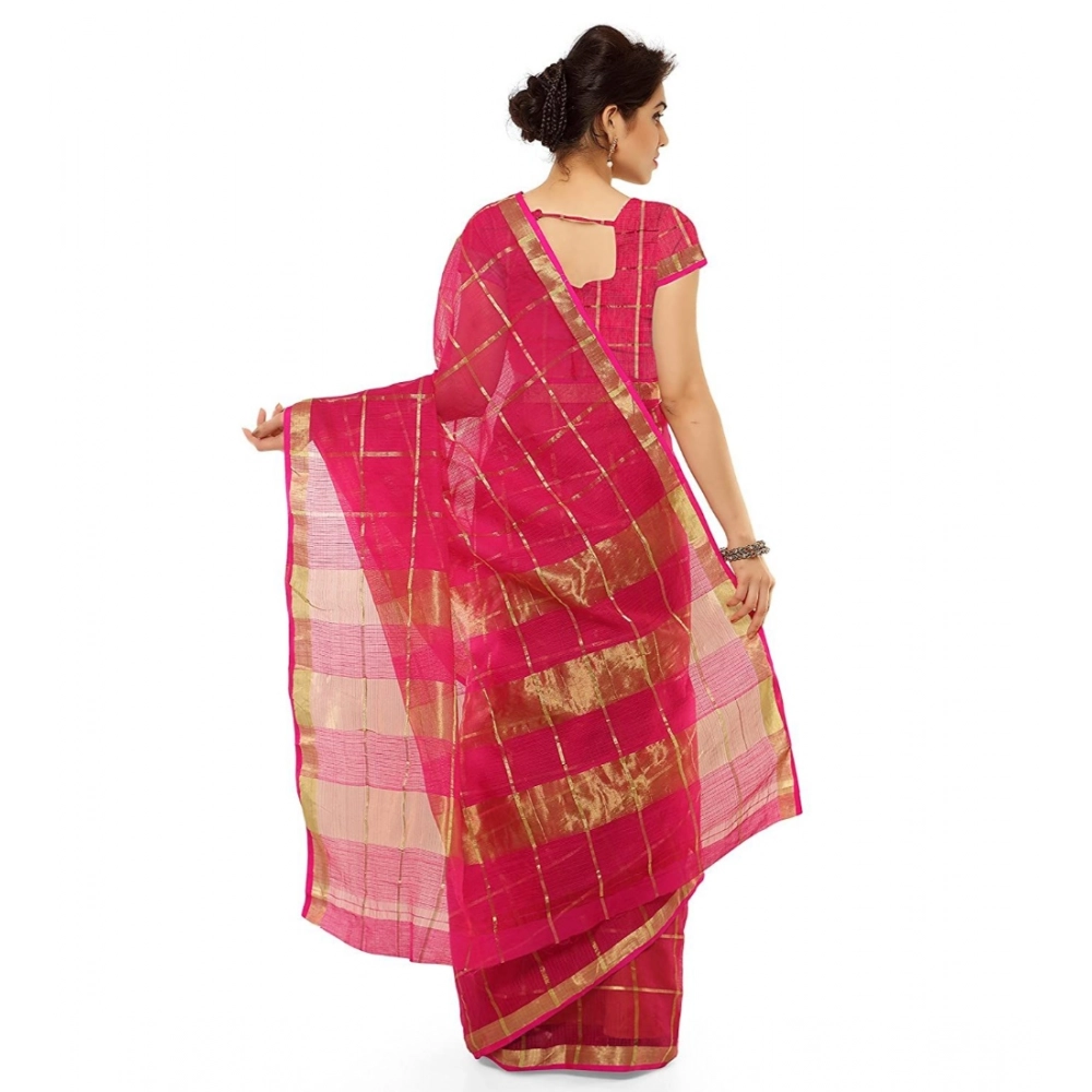 Women's Kota Doria Cotton Saree With Blouse (Rani,6-3 Mtrs) - Image 2