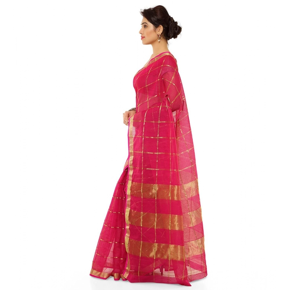 Women's Kota Doria Cotton Saree With Blouse (Rani,6-3 Mtrs) - Image 3