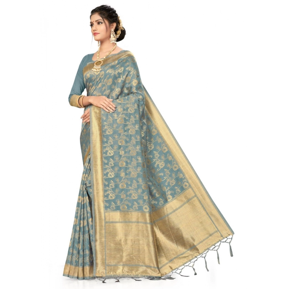 Women's Banarasi (Spun Cotton) Saree (Grey,5-6 Mtrs) - Image 2