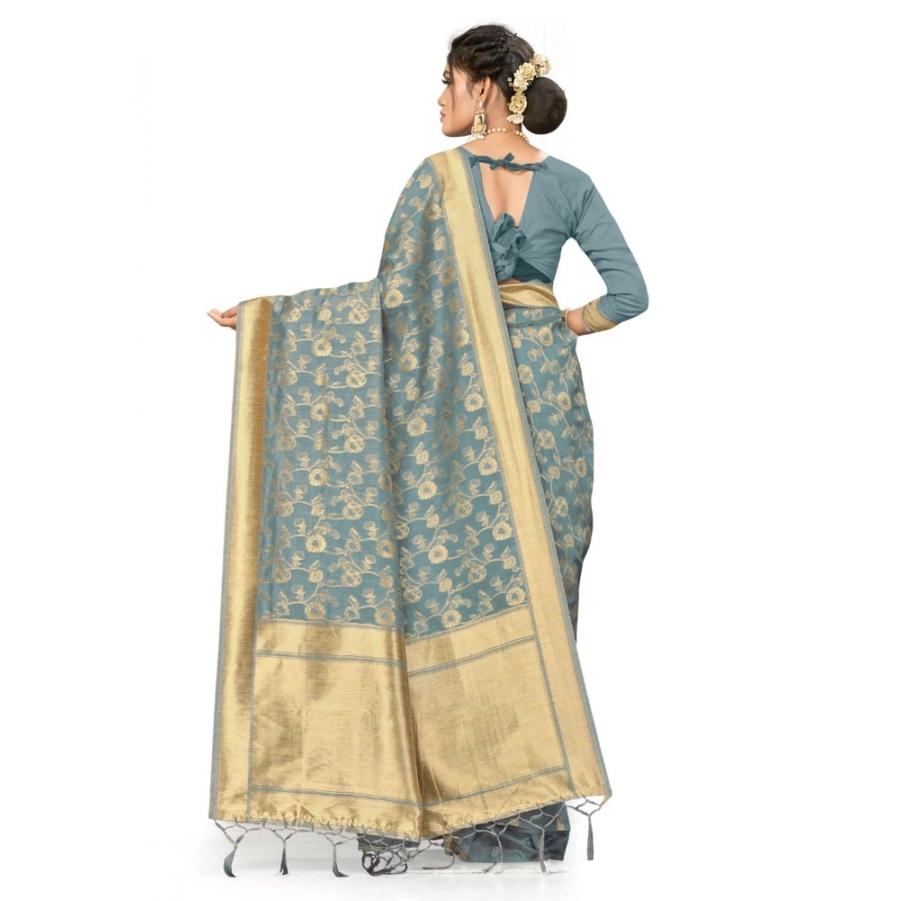 Women's Banarasi (Spun Cotton) Saree (Grey,5-6 Mtrs) - Image 3