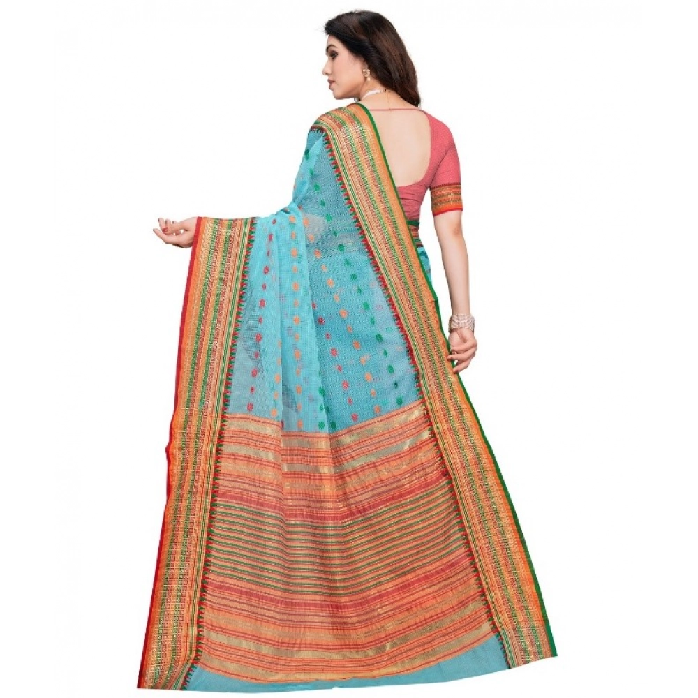 Women's Kota Doria Cotton Woven Butta Saree With Blouse (Sky Blue, 5-6 Mtrs) - Image 3