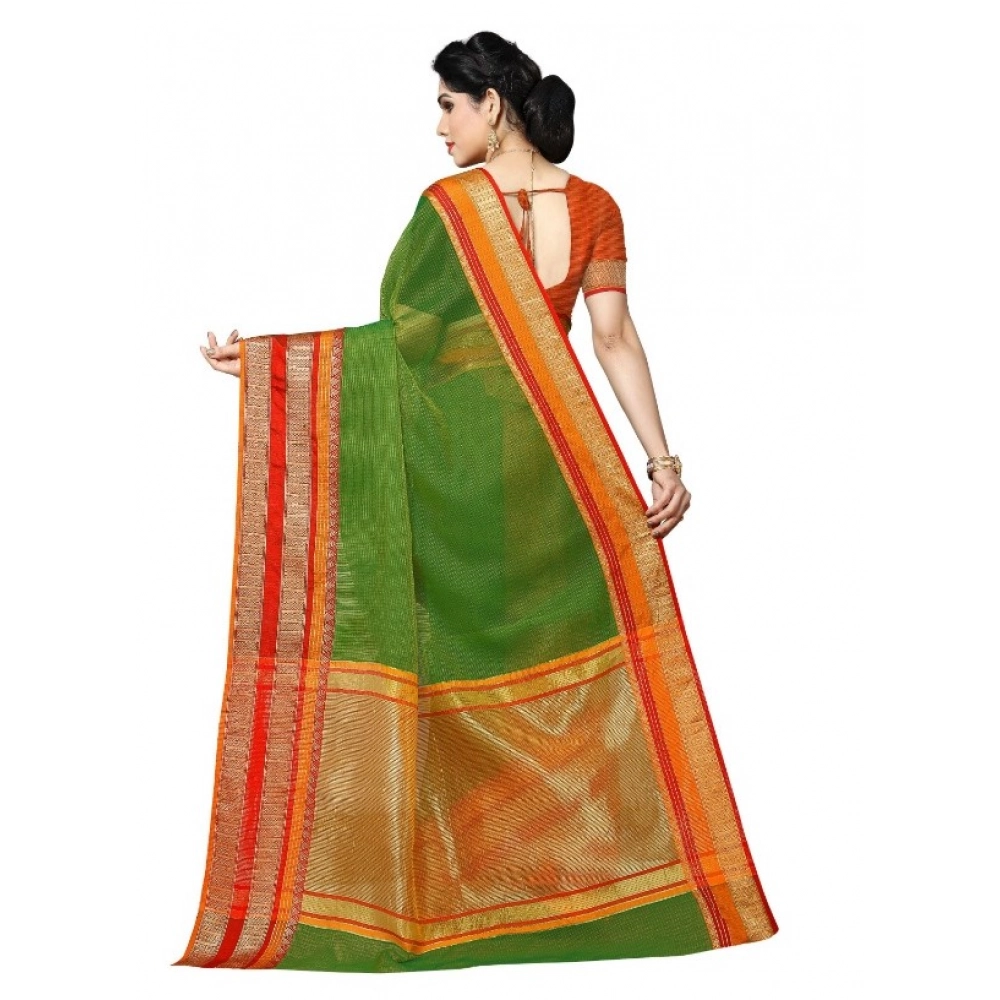 Women's Kota Doria Cotton Border Saree With Blouse (Green, 5-6 Mtrs) - Image 2