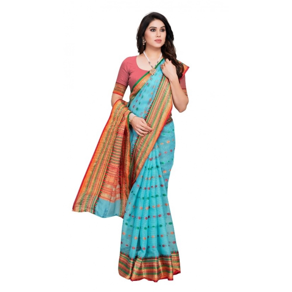 Women's Kota Doria Cotton Woven Butta Saree With Blouse (Sky Blue, 5-6 Mtrs) - Image 2
