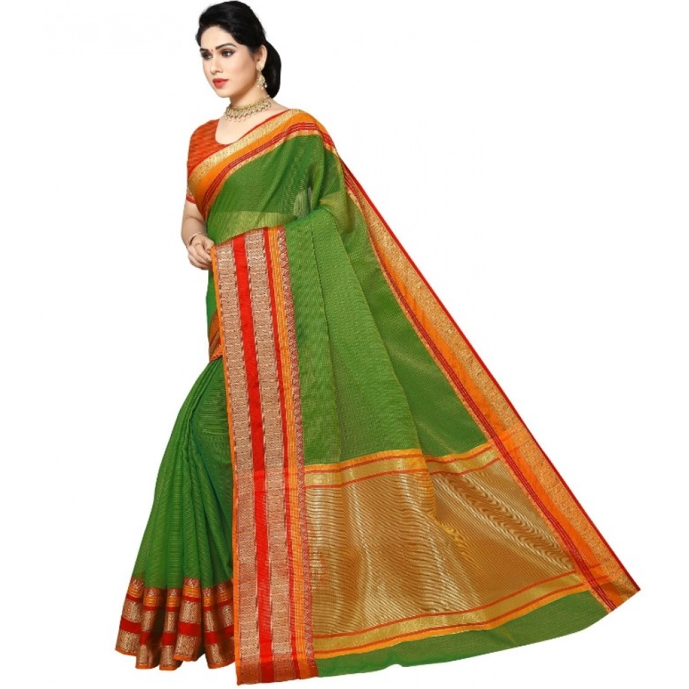 Women's Kota Doria Cotton Border Saree With Blouse (Green, 5-6 Mtrs) - Image 4