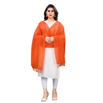 Women's Cotton Silk Strips Printed Dupatta (Orange, Length:2-2.4 mtr)
