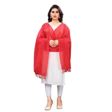 Women's Cotton Silk Strips Printed Dupatta (Red, Length:2-2.4 mtr)