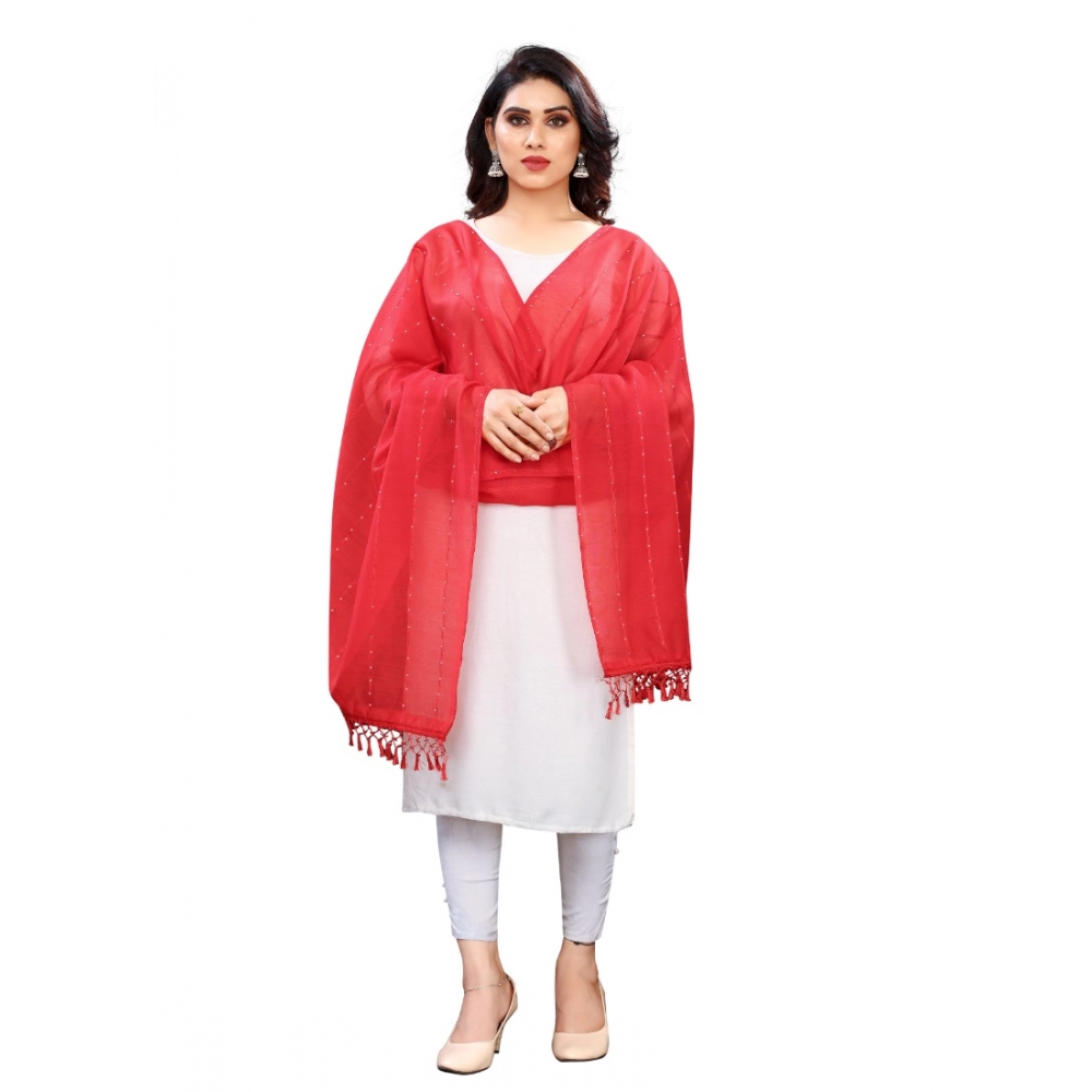 Women's Cotton Silk Strips Printed Dupatta (Red, Length:2-2.4 mtr)