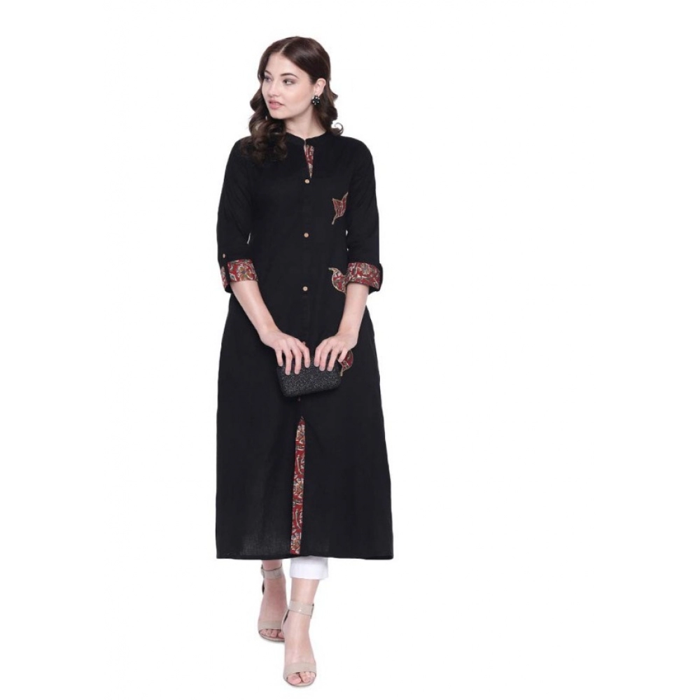 Women's Khadi Printed A Line Kurti (Black, Khadi)