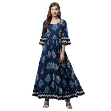Women's Cotton Printed Regular Kurti (Blue, Cotton )
