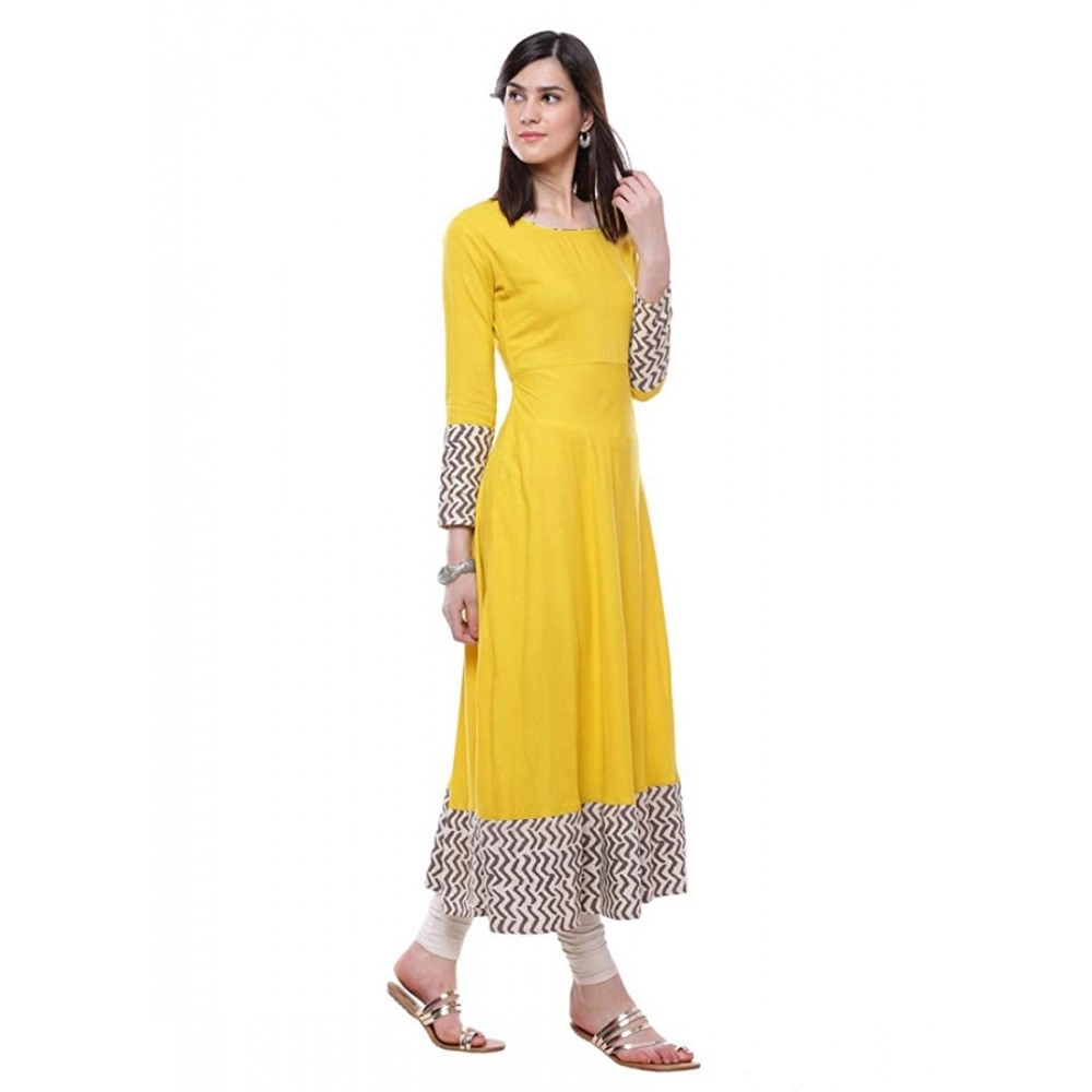 Women's Rayon Printed Solid Anarkali Kurti (Yellow, Rayon) - Image 2