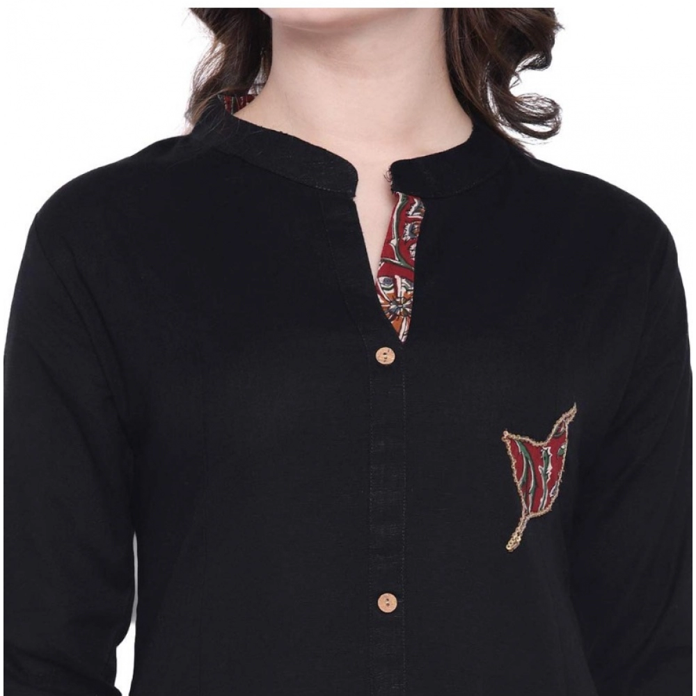 Women's Khadi Printed A Line Kurti (Black, Khadi) - Image 5