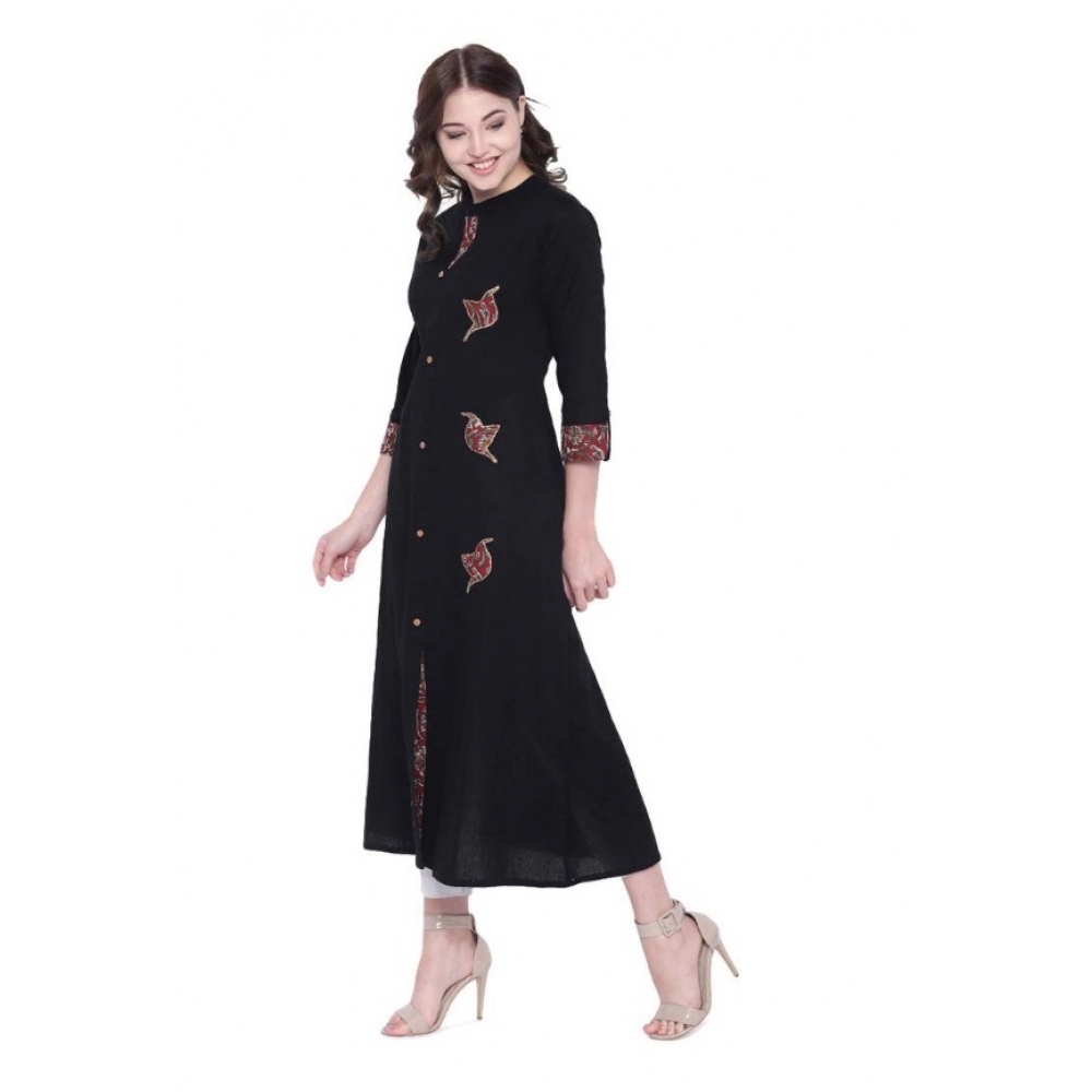 Women's Khadi Printed A Line Kurti (Black, Khadi) - Image 2