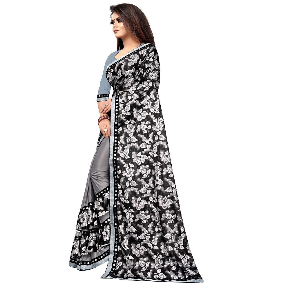Women's Lycra Blend Saree with Blouse (Grey, 5-6 Mtrs) - Image 2