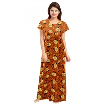 Women's Cotton Printed Maxi Nighty (Mustard)