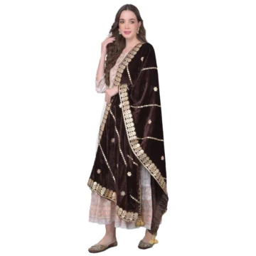 Women's Velvet Gotta Patti Dupatta (Brown, Length: 2.25 to 2.50 Mtr)