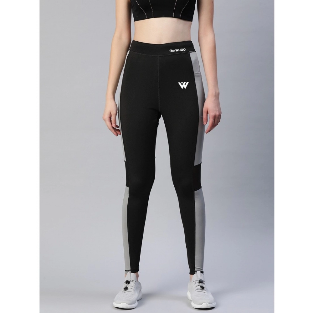Women's Polyster Solid Sport Leggings (Black & Grey) - Image 3