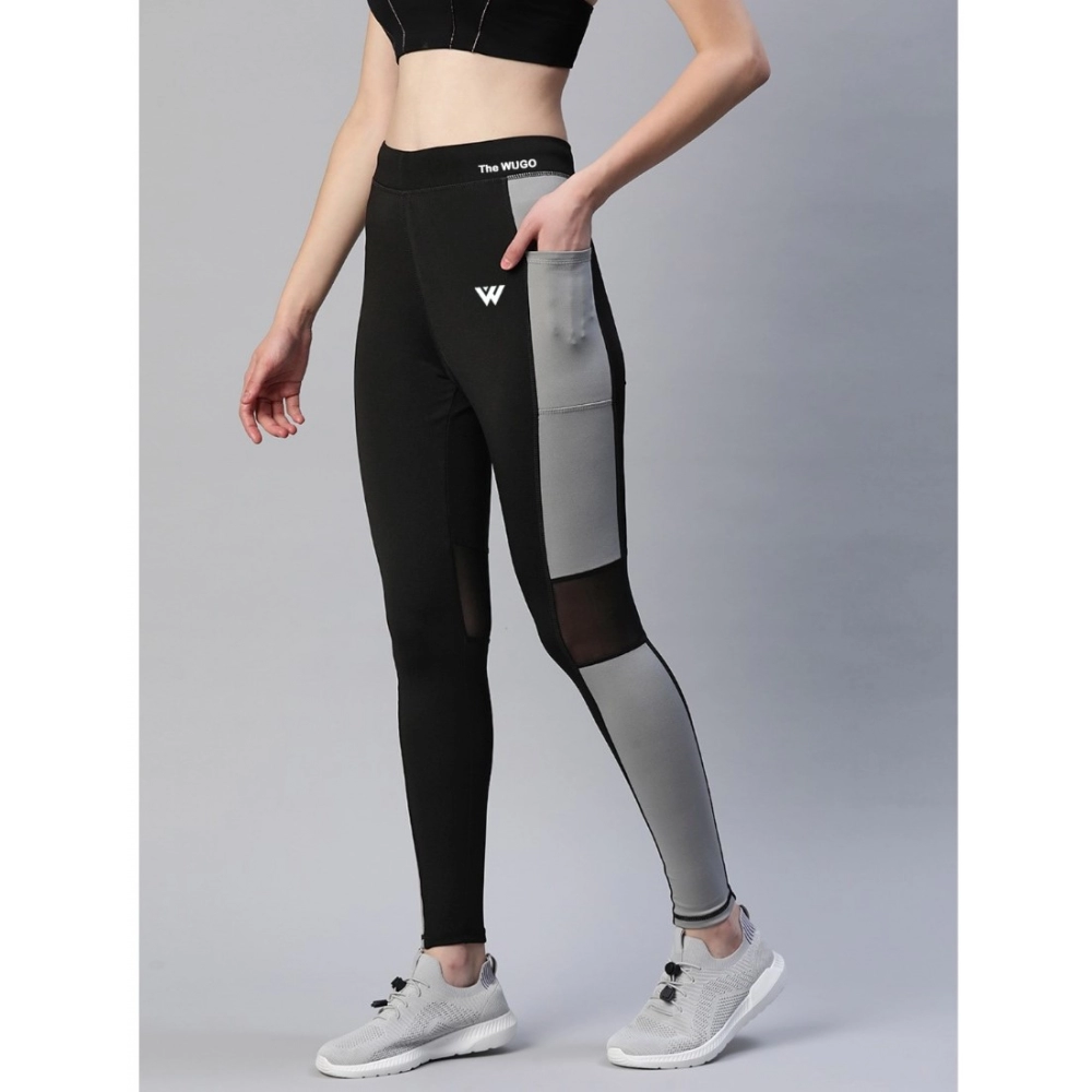 Women's Polyster Solid Sport Leggings (Black & Grey) - Image 2