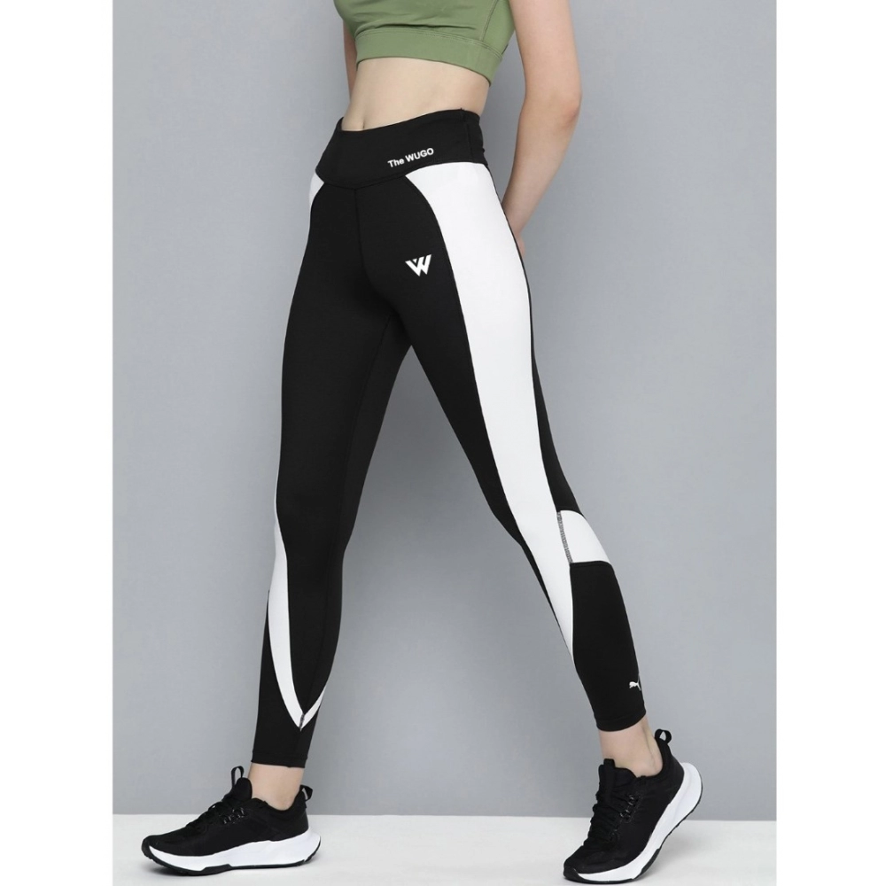 Women's Polyster Solid Sport Leggings (Black & White) - Image 4