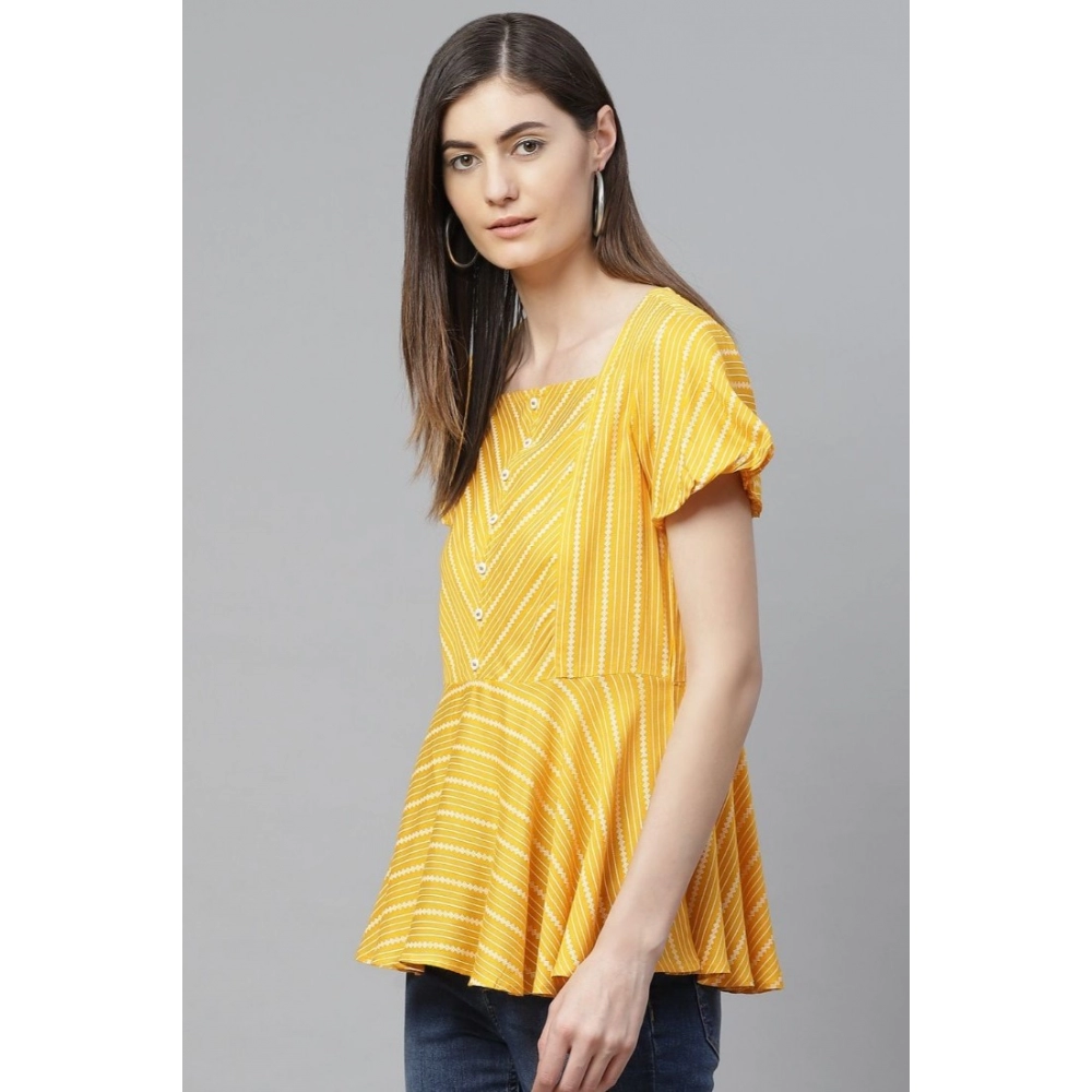 Women's Casual Short Sleeves Stripe Printed Rayon Top (Mustard) - Image 2