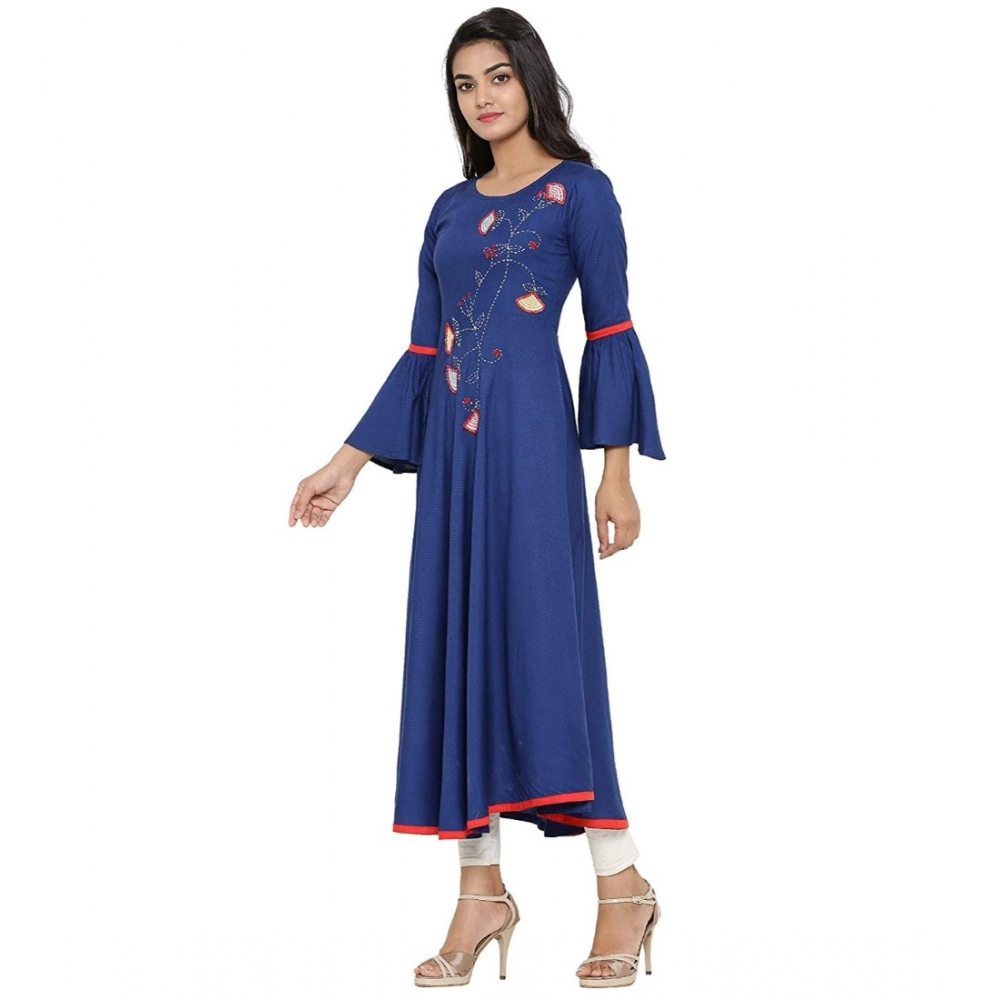 Women's Casual Bell Sleeves Embroidery Rayon Kurti (Blue) - Image 2