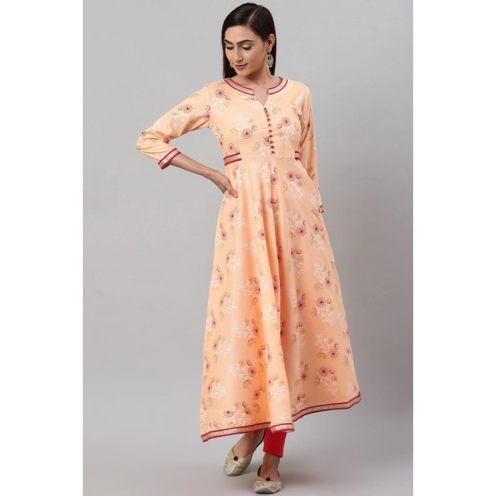Women's Casual 3/4 th Sleeve Floral Printed Rayon Kurti (Peach) - Image 4