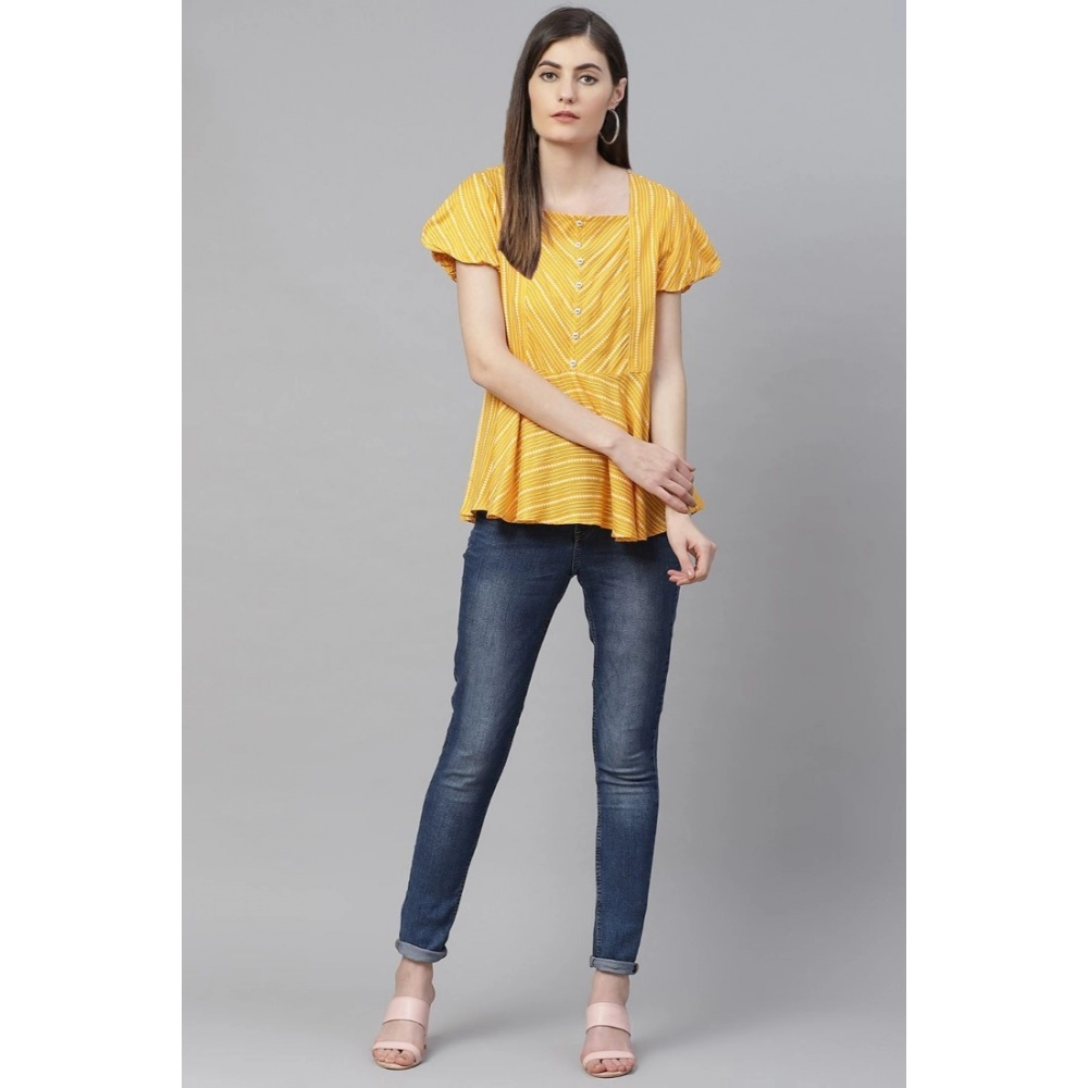 Women's Casual Short Sleeves Stripe Printed Rayon Top (Mustard) - Image 4
