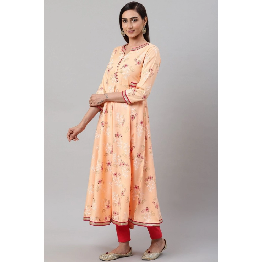 Women's Casual 3/4 th Sleeve Floral Printed Rayon Kurti (Peach) - Image 2