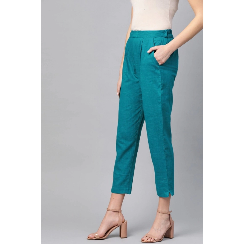 Women's Casual Solid Cotton Slub Trouser Pant (Rama Blue) - Image 2