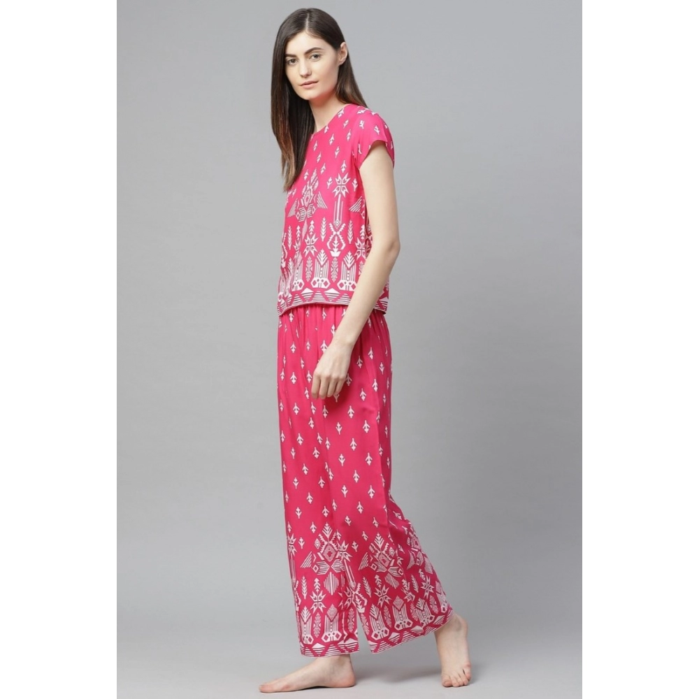 Women's Casual Short Sleeve Printed Rayon Pajama Set (Pink) - Image 2