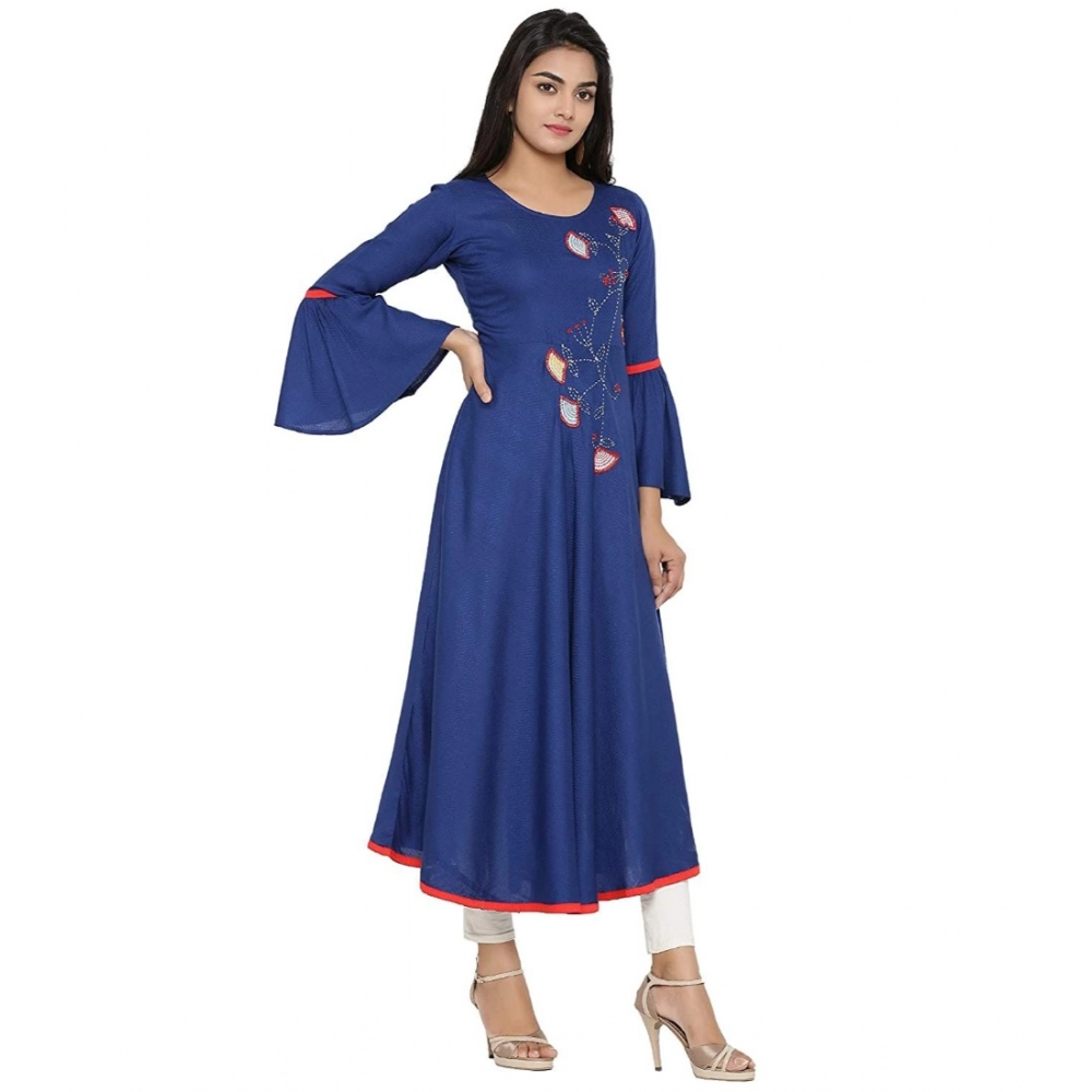 Women's Casual Bell Sleeves Embroidery Rayon Kurti (Blue) - Image 4